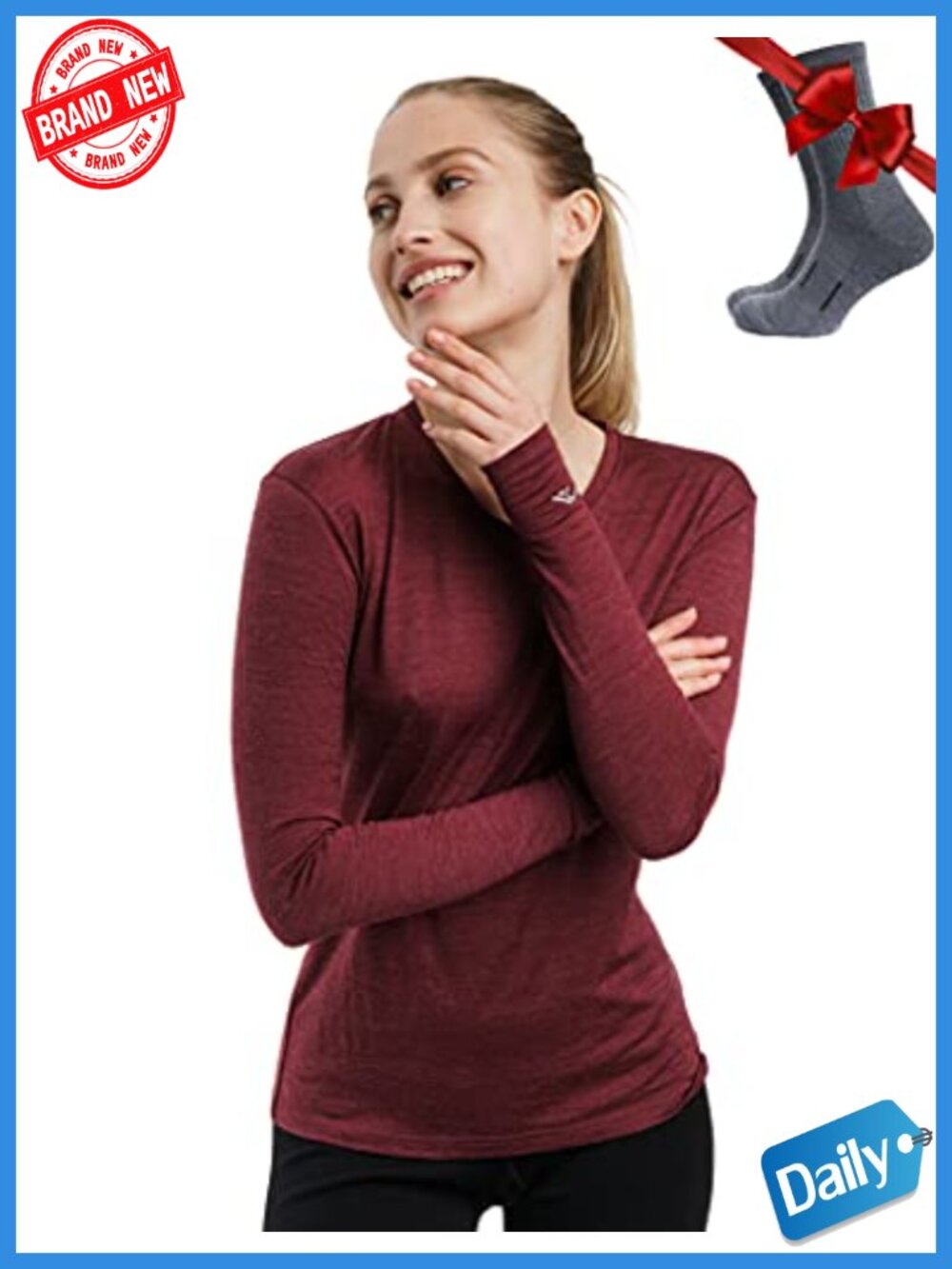 Merino Wool Base Layer Long Sleeve Thermal Shirt with Socks